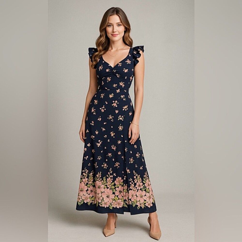 Teeze Me Floral Peasant Crepe Maxi Dress Navy Rose - Size 5 NWT